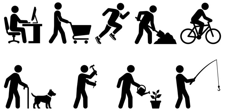 A collection of black silhouette figures engaged in various daily activities including working at a computer shopping running gardening and cycling activity icon person human