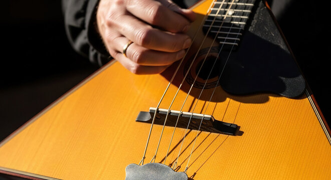Person Playing an Acoustic Guitar with a Finger on the Neck