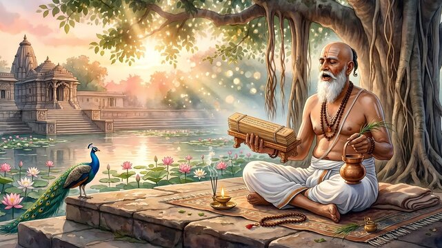 Indian Sadhu Reading Holy Book Near Temple with Peacock, Peaceful Spiritual Scene