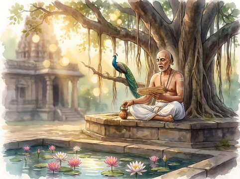 Peaceful Indian Sadhu Sitting Under Tree with Peacock Near Temple Pond