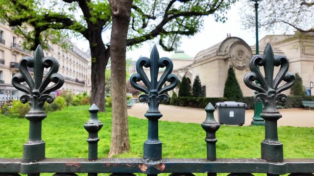 Close-up of ornate wrought iron fence finials at Square Jean-XXIII with a soft-focus background of the Parisian park.