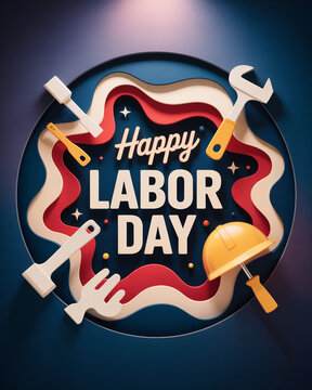 Happy Labor Day typography with tools and hard hat in a modern 3D layered design with bold colors