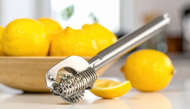 Fresh yellow lemons with handheld zester on white surface