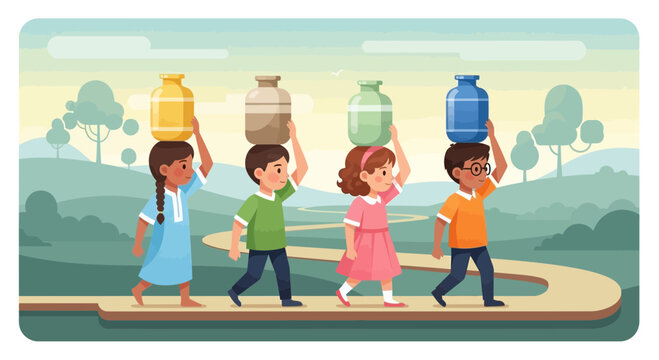 Children carrying water jugs on their heads.