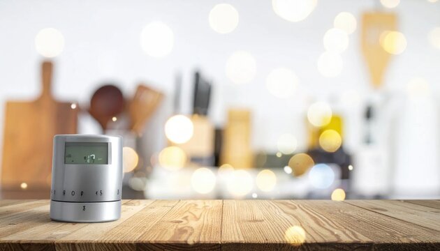 Modern digital kitchen timer on wooden table with bokeh background