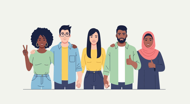 Diverse group of five young adults standing together happily.