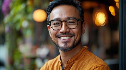 Fototapeta premium Close-up portrait of a smiling man with glasses, wearing a mustard-colored shirt, in a dimly lit setting