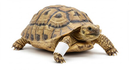 Obraz premium 明るい光に包まれた清潔な白いスタジオ背景で凛と立つ茶色い甲羅のリクガメ負傷した足に巻かれた真っ白な包帯がその回復への健気な闘いを力強く表現する. AI Generated