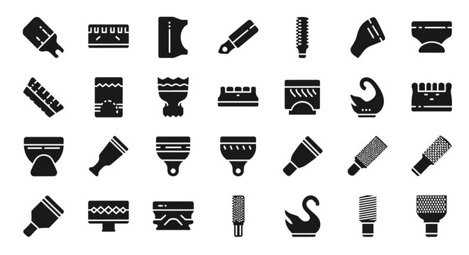 Black and white power tool icons, 25 industrial symbols, vector graphics, construction equipment