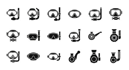 Scuba diving masks, snorkeling gear icons, 20 black vector graphics, diving equipment symbols, ocean exploration illustrations © Olivia