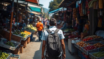 Obraz premium Daily life concept with man walking through busy market street filled with vendors fruits vegetables and community interaction