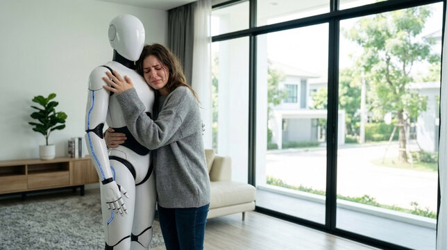 Grieving woman finds solace in robot's mechanical embrace.