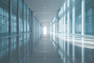 Obraz premium Minimal Glass Corridor with Reflections and Light