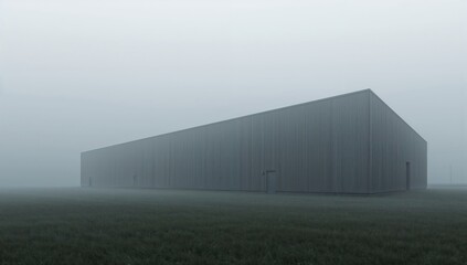 Fototapeta premium Moody architectural photograph of industrial warehouse surrounded by fog with clean lines and minimal visual composition