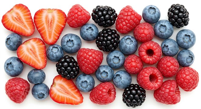 みずみずしく輝くイチゴブルーベリーラズベリーブラックベリーが真っ白な背景に鮮やかな色彩で美しく配置され見る人に新鮮さと健康的な活力を与えるフルーツの集合体. AI Generated