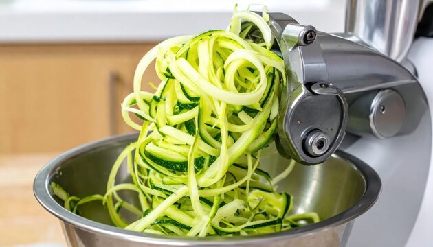 Vegetable spiralizer creating zucchini noodles in a bowl close up