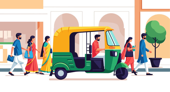 Green and yellow auto rickshaw with people walking.