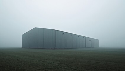 Obraz premium Modern industrial structure emerging through heavy fog with minimal composition and cold muted tones creating abstract architectural mood