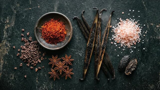 A luxury raw ingredient flat lay on aged black granite, whole vanilla pods split to reveal their seed paste interior, saffron threads mounded beside a small ceramic dish, a halved