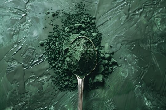 Metal spoon holding spirulina powder on textured green background, healthy dietary supplement