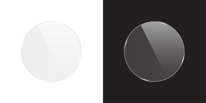 Transparent glass circular frame. 3d plastic blank screen isolated on on black and white background. Reflective surface panel with light glare. Modern UI element. Realistic vector illustration.