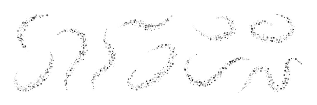 Magic silver dust light trail. Star sparkle trail shapes. Sparkling grey particles forming curved decorative arcs on light background space. Festive vector illustration.
