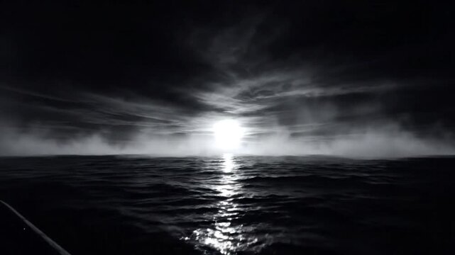 Dramatic black and white view of the sun setting over dark ocean water creating a hauntingly beautiful scene