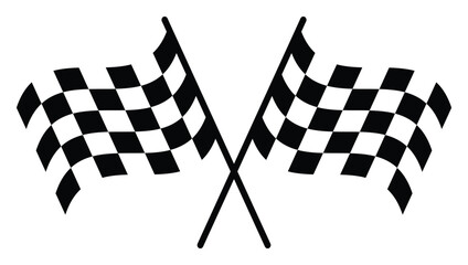 Fototapeta premium Crossed racing flags in bold silhouette style, checkered flag icon with waving motion, formula one motorsport finish symbol, isolated graphic for racing events. Vector illustration