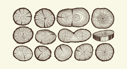 Vintage hand drawn wood tree trunk cross sections set with annual growth rings on white background © Vectorus