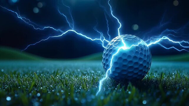 Dynamic golf ball struck by vibrant blue lightning on wet grass, symbolizing power, energy, and extr