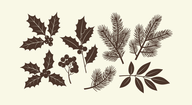 Set of brown silhouette Christmas botanical elements featuring holly berries and pine needle branches
