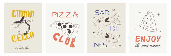 Summer Italy la dolce vita vintage posters. Amalfi or Sicily of postage stamps with Italian Mediterranean lemon, pizza, watermelon, fish wall decor. Vector illustration ink doodle sketch style.  © Sinta Alfa
