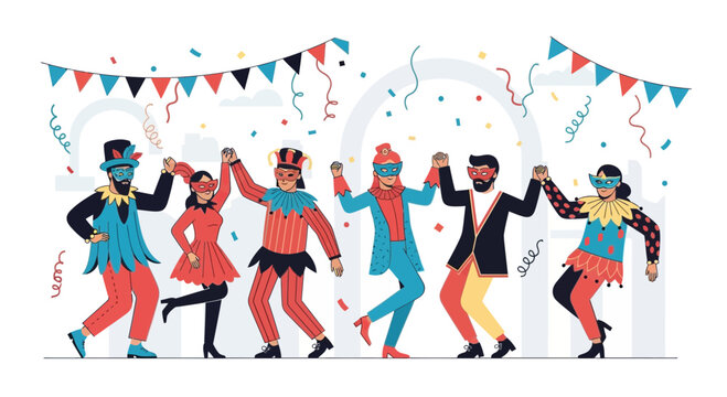 People celebrating carnival in colorful costumes dancing together.