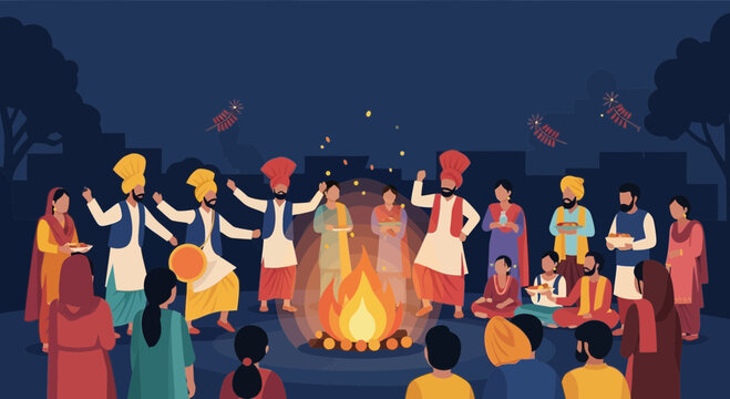 People celebrating festival around bonfire dancing and music.