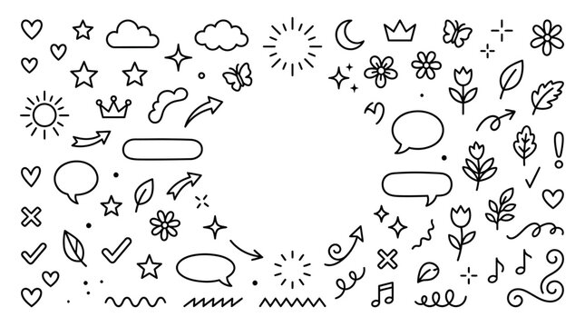Hand-drawn doodle border featuring hearts, sun and moon, flowers, crowns and speech bubbles framing a central white space