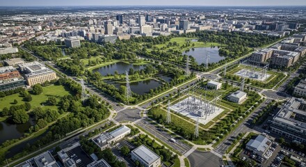 Fototapeta premium Aerial view modern city skyline with green parks power substations, for balance between urban infrastructure environmental sustainability in growing metropolis