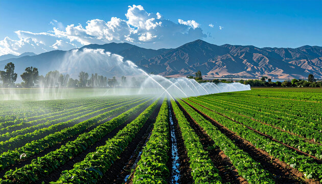 Agricultural field with irrigation system spraying water on green crops with mountains