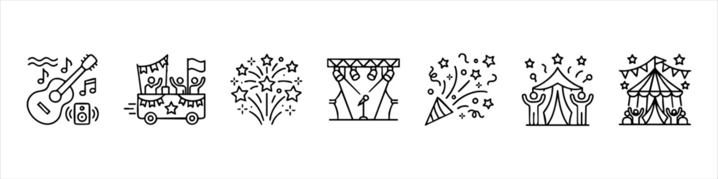 Festival and Celebration Icon Set Featuring Live Music, Parade Float, Fireworks, Concert Stage, Party Popper, and Event Tents