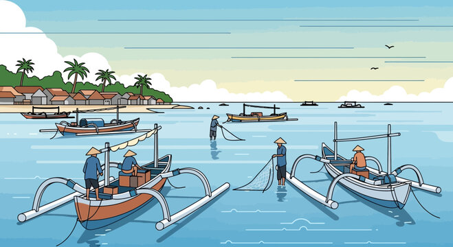 Traditional Balinese Fishing Boats with Fishermen Casting Nets.
