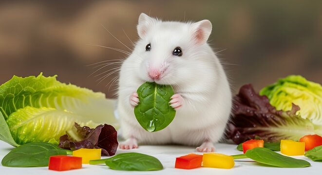 Albino Hamster Enjoying a Healthy Snack of Fresh Greens.