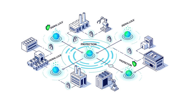 Isometric illustration depicting networked factories and warehouses connected by digital data streams, set against a clean white background with a futuristic and interconnected industrial