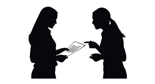 Two women in silhouette discuss a document one gesturing emphatically