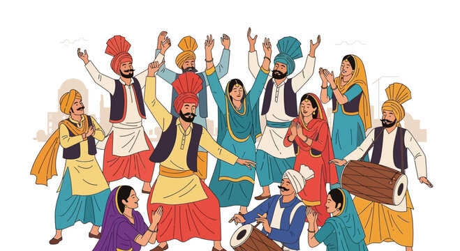 Vibrant Punjabi Folk Dance Celebration with Musicians and Dancers.