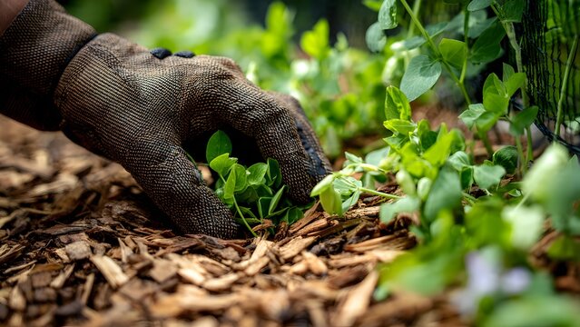 A gardener&rsquo;s hand in a padded full‑finger glove spreads mulch around small watermelon seedlings in a sunny bed