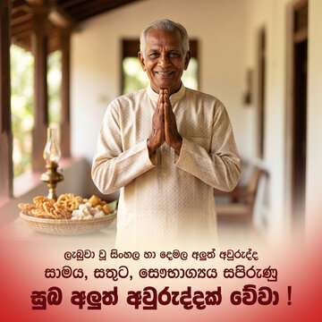 Sinhala and Tamil New Year Wishes with traditional sweets and lamp - Suba Aluth Avuruddak Weva
