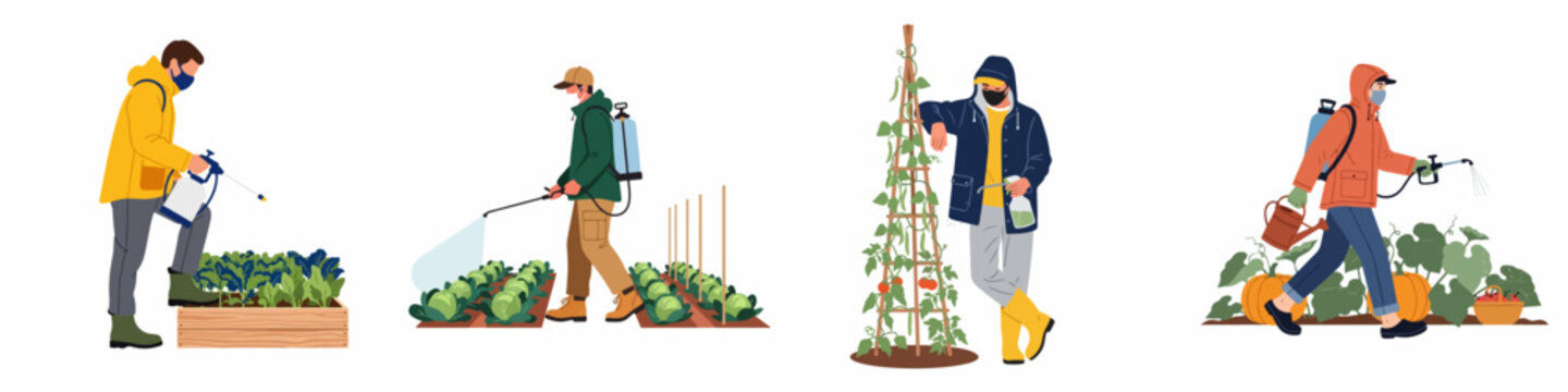 Vector illustrations of farmers in protective masks and gear spraying pesticides, herbicides, or liquid fertilizers on various garden vegetables and crops.