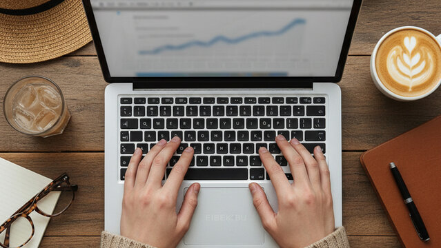 Top view of hands typing on laptop at wooden desk