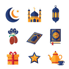 Fototapeta premium Islamic Icons Set: Ramadan, Eid, Mosque, Quran, Dates, Lantern, Prayer Mat, Gift, Star, Tea