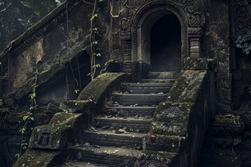 Naklejka premium Moss and vines cover crumbling stone steps leading to dark doorway of ancient temple