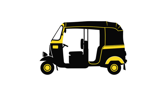 Stylized illustration of a black and yellow auto rickshaw on white